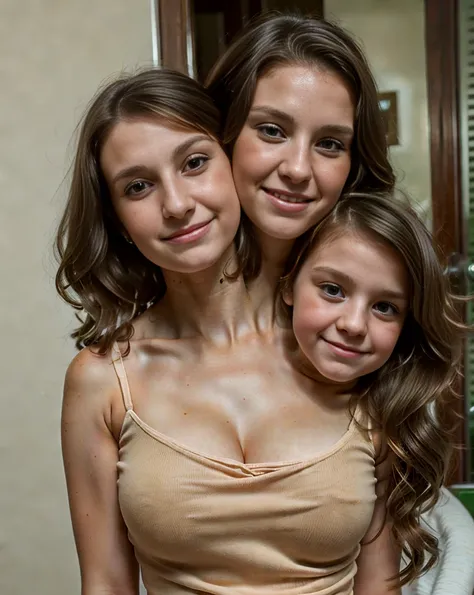 Two headed girl, (a teen girl and a 30 year old woman and a child:1.5), (mom and daughter:1.5), (redhead daughter and brunette mom:1.3), (uncomfortable:1.3), conjoined