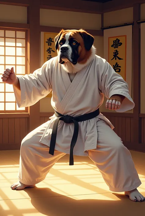 Saint Bernard judo dog wearing a white kimono in a dragonball style dojo