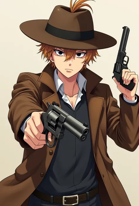 naughty man, Scrawny, Light brown bun hair, shorth hair, tall body height, anime image, wears a hat, leather coat, uses revolver in both hands, estilo country, rosto Scrawny, skin fair, eyes black, more serious face.