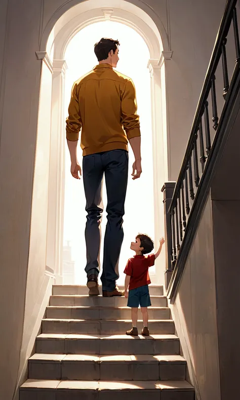 Show a father standing below while his son stands on a small elevation (like stairs), symbolizing the father’s desire to uplift his son. The father looks up at his son with pride, while the son smiles confidently.