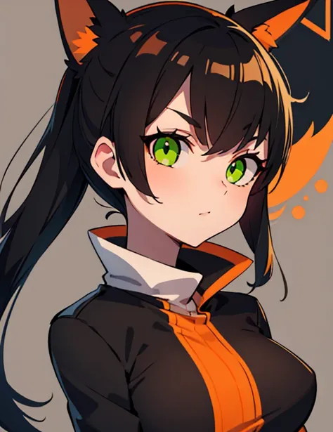 1 fox, sweetie, seamless, attention to the details, use orange and black colors, black hair with orange, neon green eyes, overlord style.