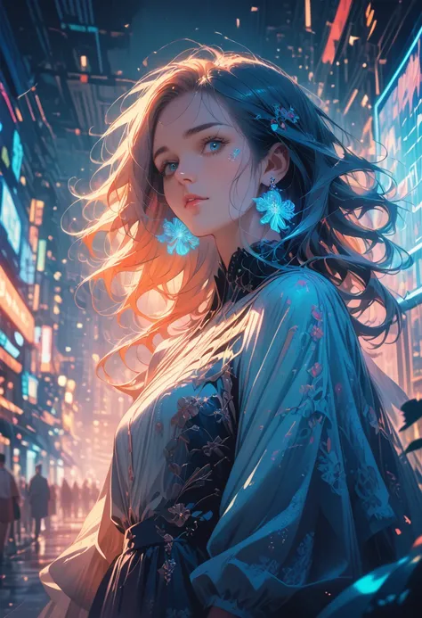 Great artificial intelligence, beautiful woman with robot body, hyperrealistic, cinematic angle, Blue Neon Blurred Background, obvious schemes,  Bright, detailed, Add up, comic book illustration, trending on artstation. Peter Morbacher, by Wlop, by Ruan Ji...