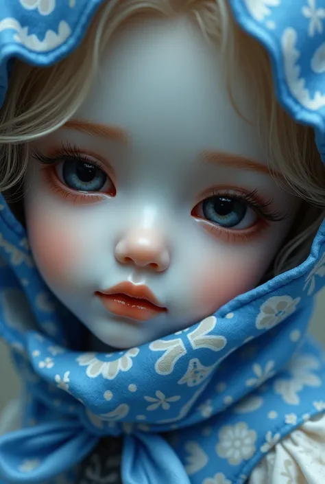 close up image of doll wearing blue and white scarf, airbrush painting inspired by Nicholas Hilliard, fantasy art, intricate patterns on face, Japanese porcelain mannequin, mourning. intricate, beautiful designs, very aesthetic!!!!, shy expressions wearing...