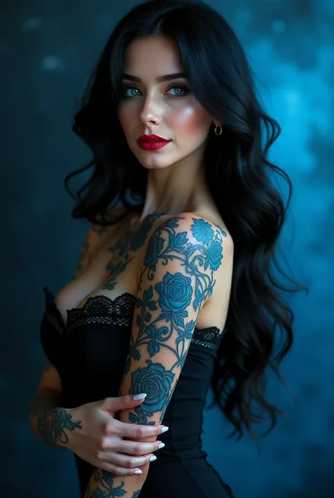 beautiful sexy playful female in her early 40, lipstick, slim body, sexy milk maiden dress, face with extremely beautiful feminine features, long black hair, blue eyes, beautiful blue roses and lace tattoos on arms and shoulders, black and blue background 