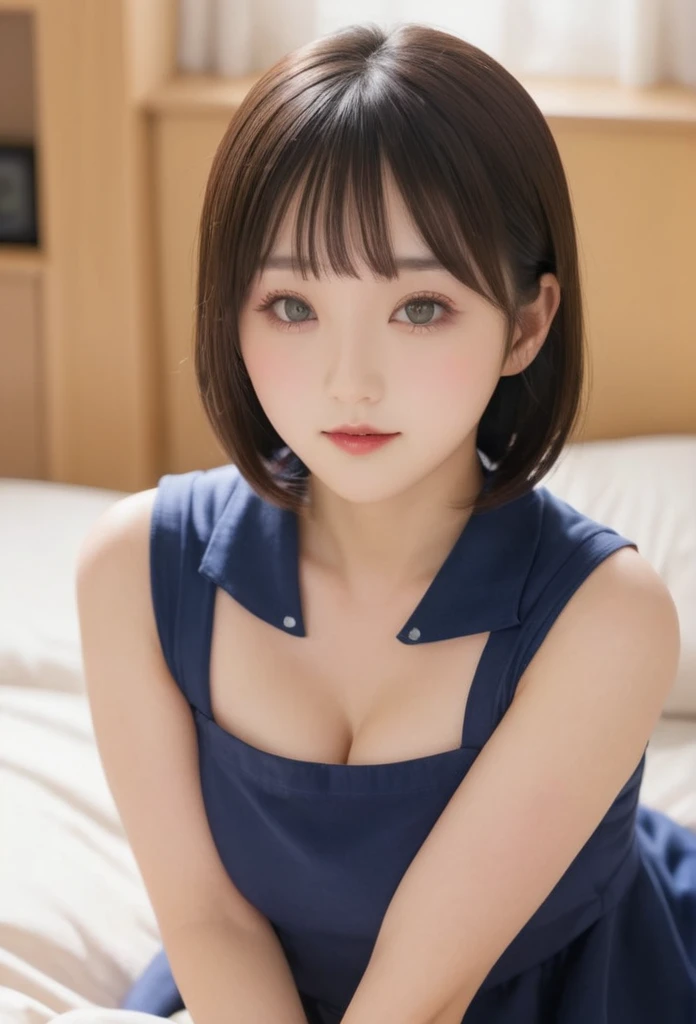 High resolution, masterpiece, Highest quality, Very detailed, Ultra high definition, High-resolution model, Textured skin, Real,8k,16K, ((gigantic breasts)),Bob hair, blunt bangs,Primary school students, japanese bed room,children,Black eyes