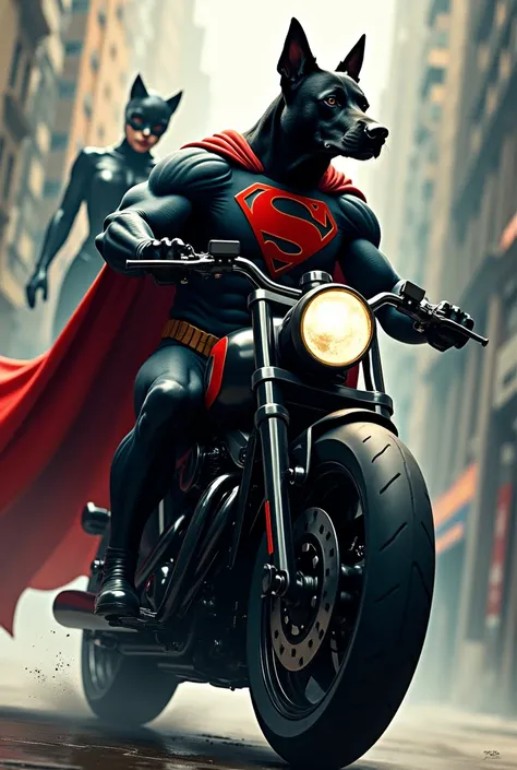 Anjing super hero,muscular body,black,wearing a superman suit,mengendarai motor raider black,catwoman ringing,abstract background,camera samping