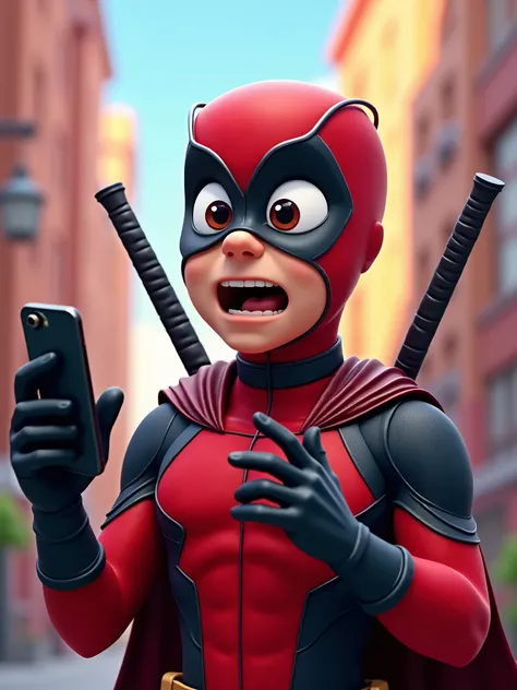 Create a Pixar-style illustration of a red and black-suited masked superhero, holding a smartphone in one hand, with a wide-eyed expression of surprise. His animated eyes are exaggerated, and his body language shows excitement as if hes just received an ir...