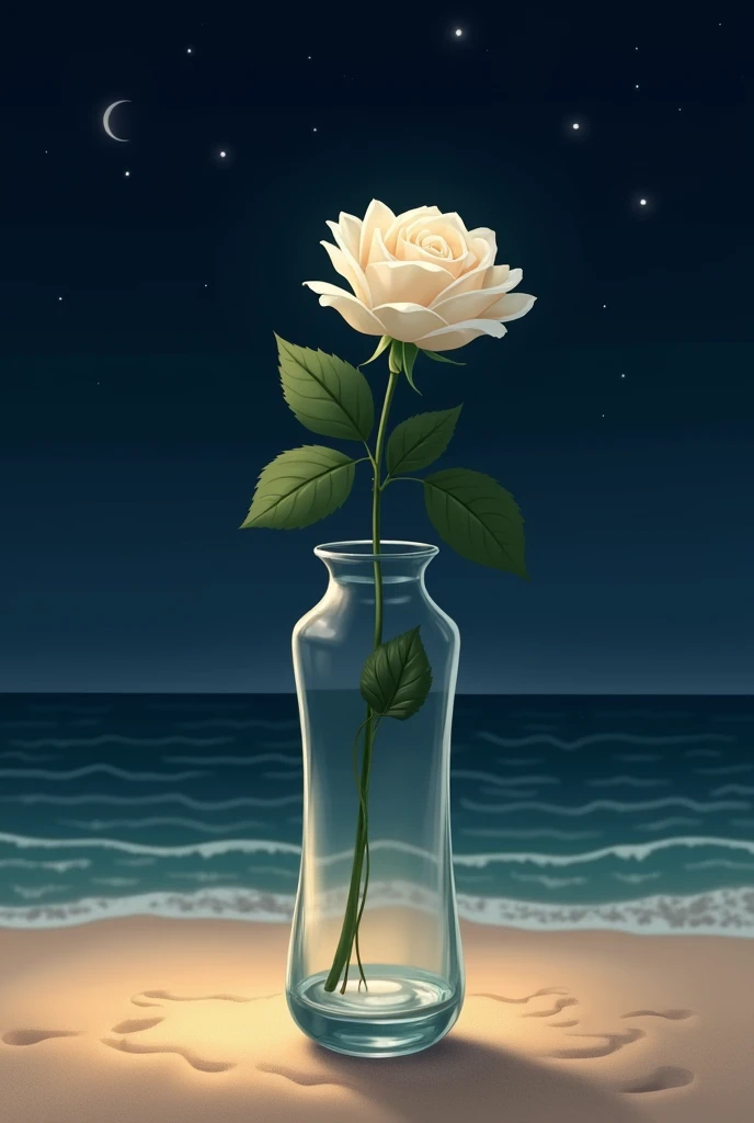 A tall clear vase containing one large white rose is placed on the sandy beach at night.