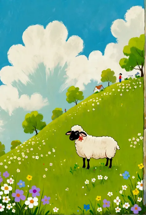 painting of a sheep standing on a grassy hill with flowers, sheep, beautiful painting of a tall, by Paul Bird, spring day, inspired by E.H. Shepard, adorable digital painting, spring time, painted in high resolution, by Kamisaka Sekka, on a sunny day, whim...