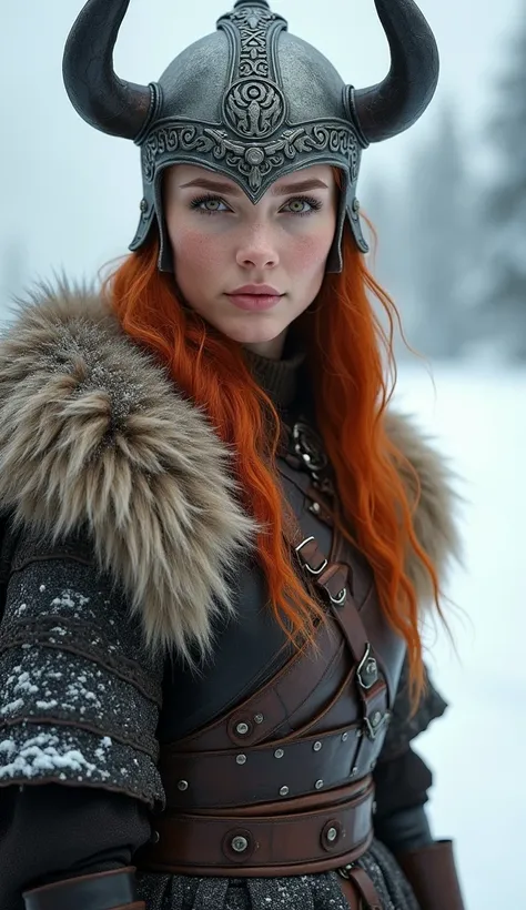 a beautiful 2 redhead; common slight smile on the lips; brown eyes in a viking warrior costume in the snow