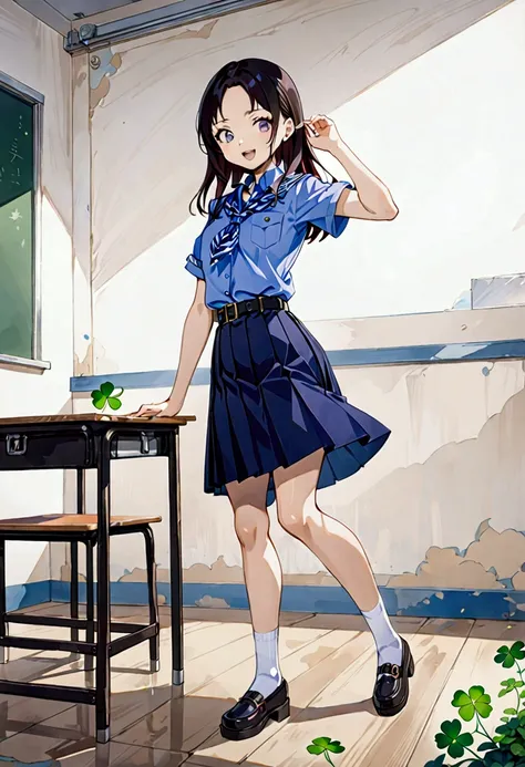 realistic anime illustration of pretty Asian young woman is posing at classroom, she is in black long straight hair (+forehead), wearing pastel indigo-blue short sleeves collared scout shirt, navy-blue neckerchief with white outline clover leaves pattern, ...