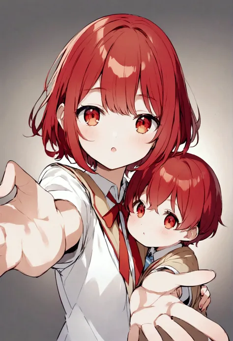 Red eyes、Red Hair、short hair、child、school uniform、Reach out