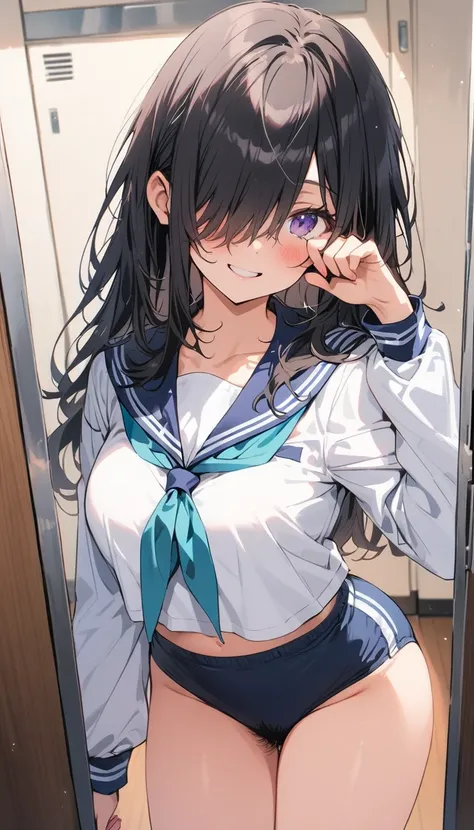 beauty　smile　Long Bangs　Eyes covered　Hair covering the face　Embarrassing　blush　tits　Sailor suit　Pure white underwear　Thick pubic hair　Dark blue buruma　locker room　Photograph the whole body