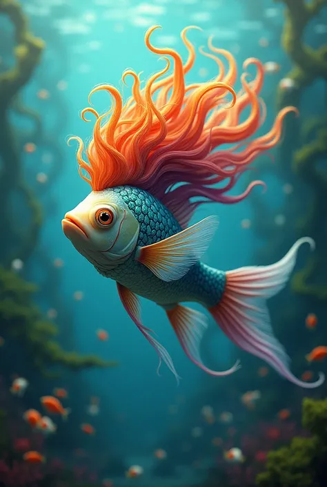 a fish with human hairstyle. give it rainbow coloured hair.
