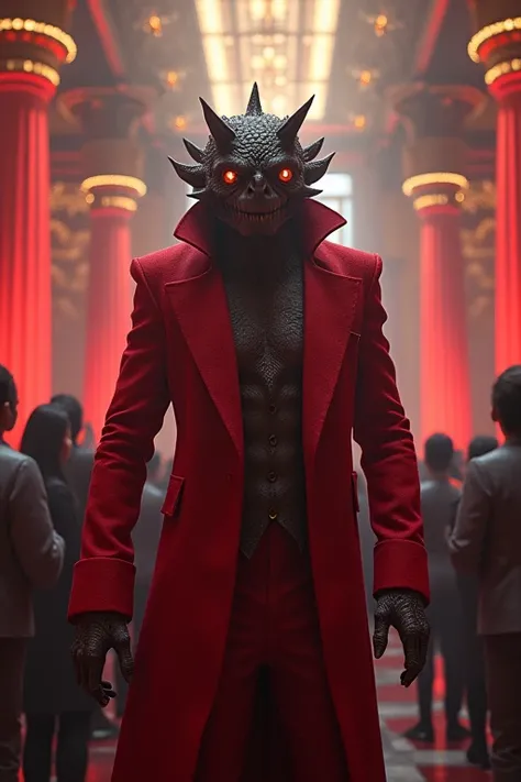 Party Venue、A non-human monster-like presenter with a deep, clear voice、Red suit、smile