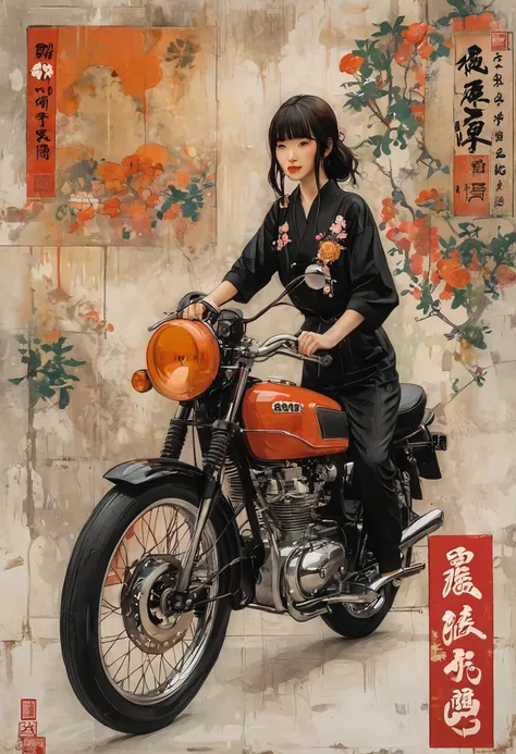 girl riding in a retro classic car、motorcycle design featuring traditional japanese patterns、a beautiful girl wearing a racing s...