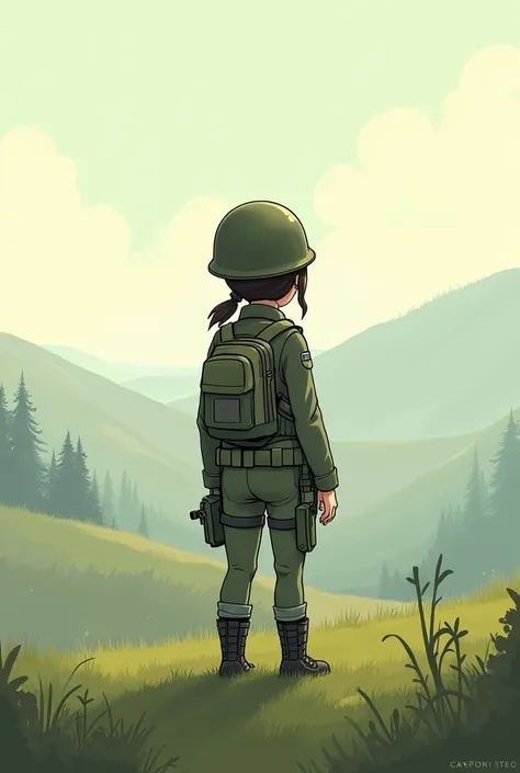 Create an image of a small cartoon woman in war clothes on a hill with her back turned 