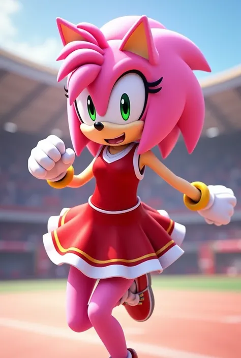 Amy Rose (Sonic) As Cheerleader (Red Susten, Red Skirt, Pink Pantyhose, And Yellow Panty.)