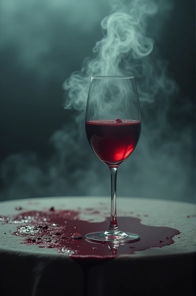 make a glass of wine with blood spilling on a table, surrounded by smoke or dense fog, generate image in 8 times HD quality