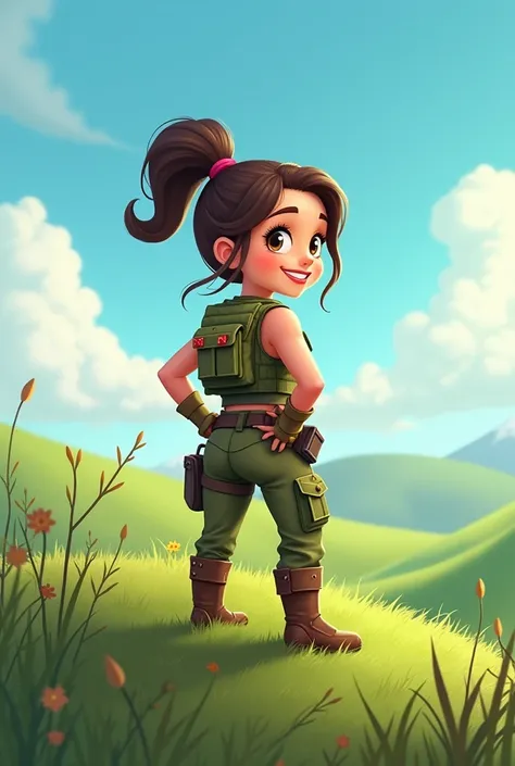 Create an image of a small cartoon-like woman in war clothes on a hill with her back smaller