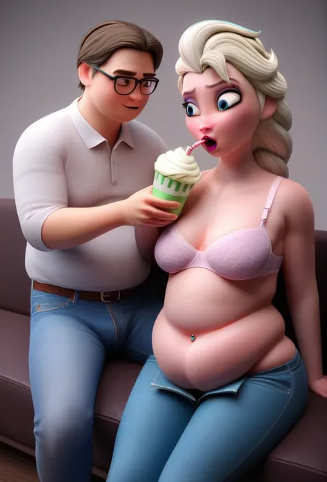 (( 3d, a slim and short feeder man,a feeder man pinching elsa's cheeks,a man pinching and  touching elsa's belly )) , jeans_pull...