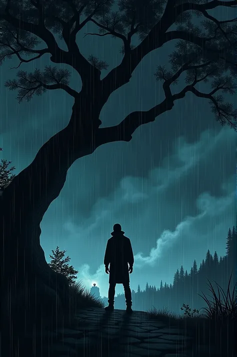 A.man stand in to the tree in the black stormy night 
