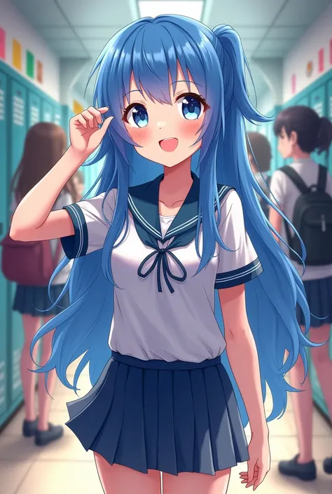 A bright and cheerful high school girl with slanted eyes and long blue hair.