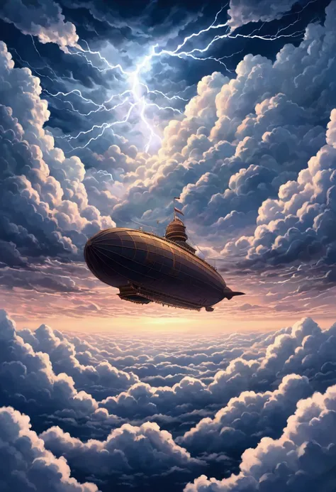 An airship moving through a sea of clouds in the distance ，depression，Lightning Storm，There is a sea of clouds。，cloudy，Textured clouds