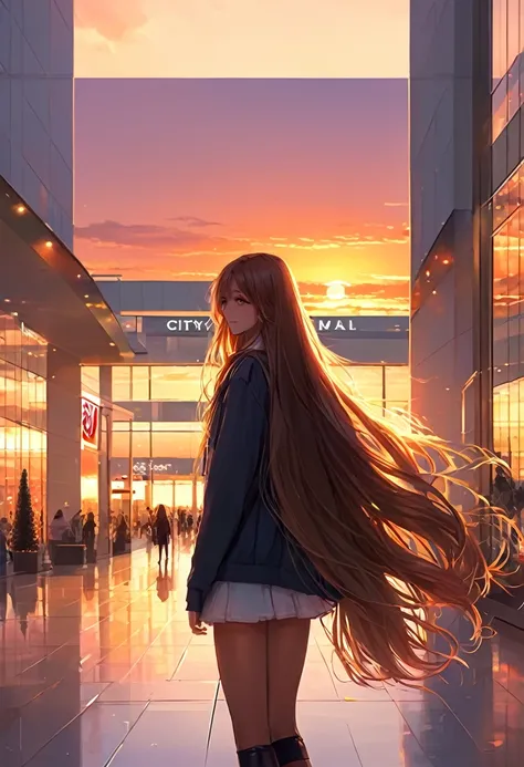 Sunset, city, mall, long-haired girl