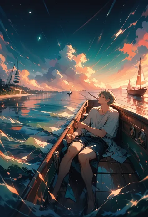 boy sitting in a boat, sword in hand, e.g, loneliness, a high resolution, sea of stars, perspective, romance, smallness