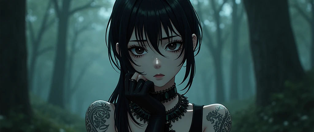 "Shonen upon us closer to shone jadore Long black [[ elegant Low Loose Pony with Side Bangs hair]] Adult women gothicc  black sleeveless tank top Black eyes blank stare depression fear
 beauty strip-shaped pupils eyes, Right eye scar right arms tribal non-...