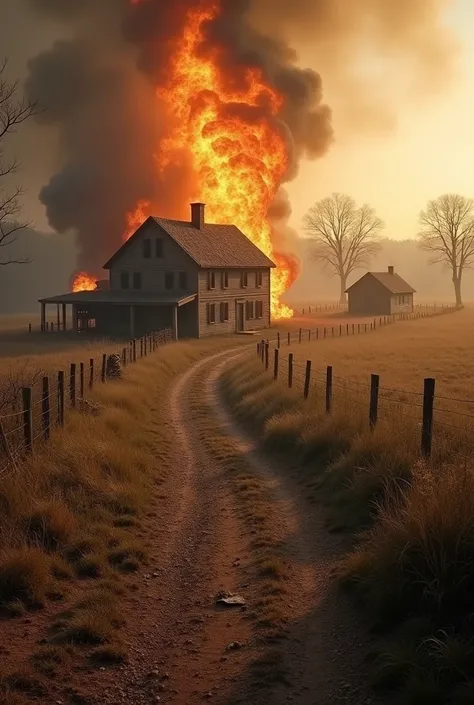 Images of a farm with several slave quarters around it both the six classes and The farm catching fire in the 19th century