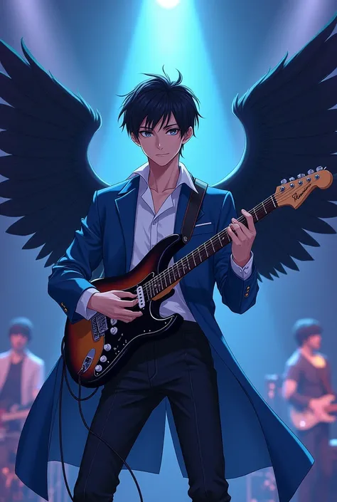 naughty man,アニメ,brown skinned,guitarist, singer,style clothes,blue and white and black clothes,Youngh,Bblack hair,eyes black,stage,show,at night.asas de penas pretas,bruxo,cabelo curto,full art