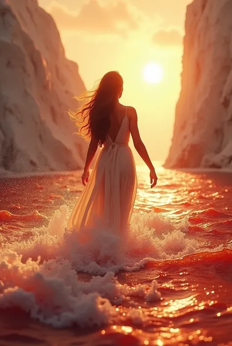 Red Sea open as the scripture says in Exodus and a very beautiful brunette woman walks in the middle of the waters with Jesus at her side holding hands