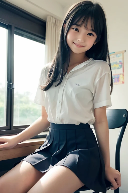 One Girl,summer,Inside the room,Sit on a chair,Black Hair,long,Dark blue camisole,skirt,smile,6th grade elementary school,Innocent,front,delicate,Look at this,transparent, Soft Light,(masterpiece, Highest quality), Structure of the film, Like in the movies...