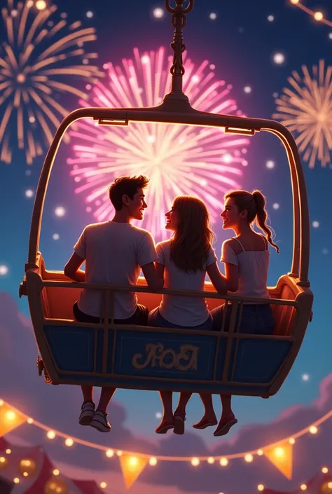 A trio of three friends inside a Ferris wheel. one man and two women. Ao fundo, fireworks in the sky