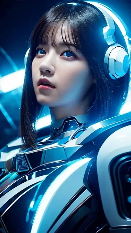 Wide-angle shot, 1 female, Mecha, Glowing blue-black eyes, Very cute face, (Realistic:1.37), バイオMechaニカル, Spaceship interior bokeh background, Ultra-realistic, Very detailed, Very intricate details, Beautiful woman in focus、