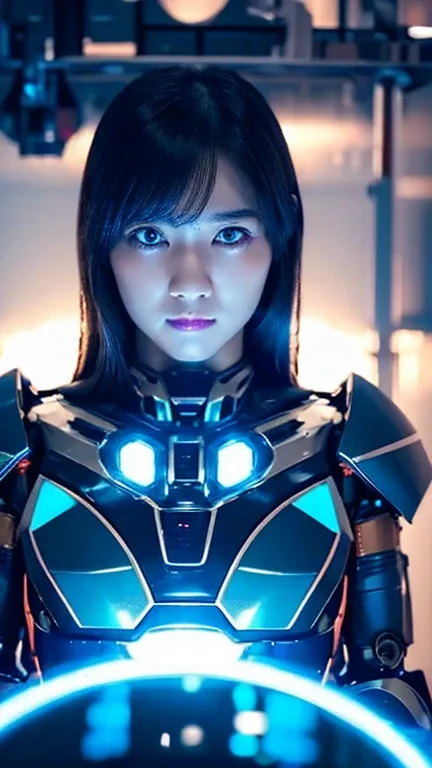 Wide-angle shot, 1 female, Mecha, Glowing blue-black eyes, Very cute face, (Realistic:1.37), バイオMechaニカル, Spaceship interior bokeh background, Ultra-realistic, Very detailed, Very intricate details, Beautiful woman in focus、