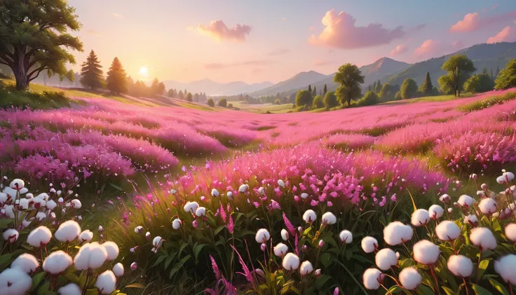 a field of pink flowers, pink grasses, and cotton, (best quality, 4k, 8k, highres, masterpiece:1.2), ultra-detailed, (realistic, photorealistic, photo-realistic:1.37), intricate details, lush vegetation, soft lighting, warm color palette, dreamy atmosphere...