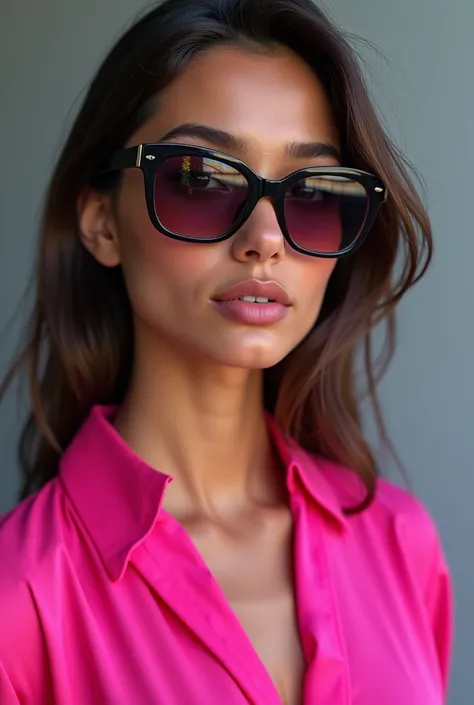 A woman with sunglases an a pink shirt standing 