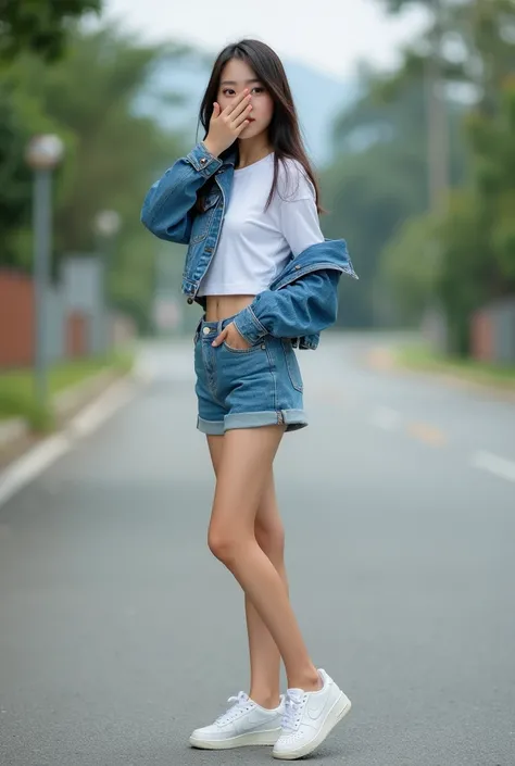 Beautiful Korean girl wearing short jeans wearing a white t-shirt wearing a cropped jeans jacket rolled up at the elbows wearing white Nike shoes standing with her body facing away from the camera, her head turned to the side, her hands raised to cover her...