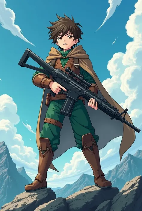 Create Japanese anime style images with 4 k resolution. 
He was a brave male, full body, standing on a mountain, the atmosphere was clear. holding his own weapon
By the brave person, the details are as follows.
Name: Shigeru
Has a suspicious personality an...