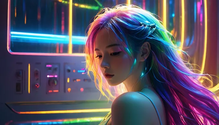 {{masterpiece}}, Highest quality, Highly detailed CG synthesis 8k wallpaper, Cinema Lighting,cyber punk, Woman sleeping in bed，Close your eyes and sleep，Huge window behind， quiet night. , Multi-coloured hair, (Colorful Hair:1.5),Swinging Curtains