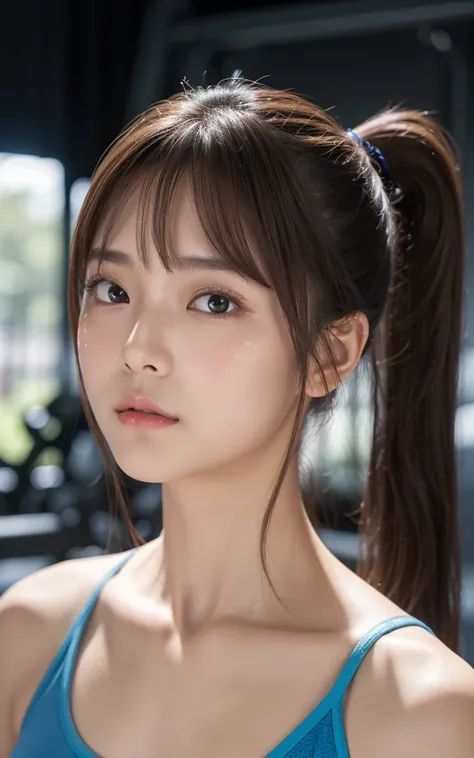 （8k、Live Action、RAW Photos、Highest quality、masterpiece：1.2),(Inside the gym,Front lighting:1.2),((Perfect lighting)),high school,Japanese women,Photon Mapping,cute,Short Ponytail,Small face,Brown eyes,Written boundary depth,Blurred Background,Genuine,(I ca...