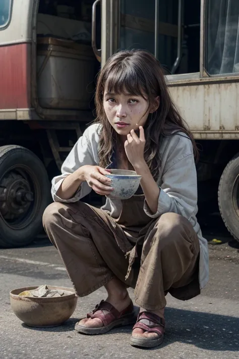 Highest quality, masterpiece, High resolution, detailed, Perfect Anatomy, Rugware, Dirty clothes, Brown clothes, One Girl, Brown eyes, Brown dress, beggar, Slums, How to write text, Swept-apart bangs, Long Hair, beggar for money, On my knees, Holding Bowl,...