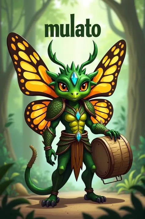 A cartoon creature with a green body and a yellow and orange butterfly-like wingspan, wearing green and brown armor, with a blue gem on its head, and holding a drum in its right hand. The creature is standing in a green, blurred background, with the word "...