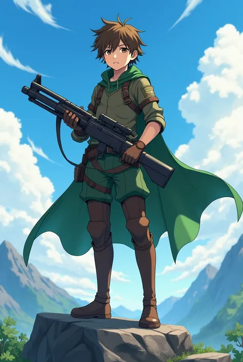 Create Japanese anime style images with 4 k resolution. 
He was a brave male, full body, standing on a mountain, the atmosphere was clear. holding his own weapon
By the brave person, the details are as follows.
Name: Shigeru
Has a suspicious personality an...