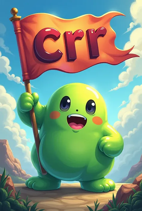 A slime from Dragon Quest holding a flag with the word &quot;crr&quot; written on it