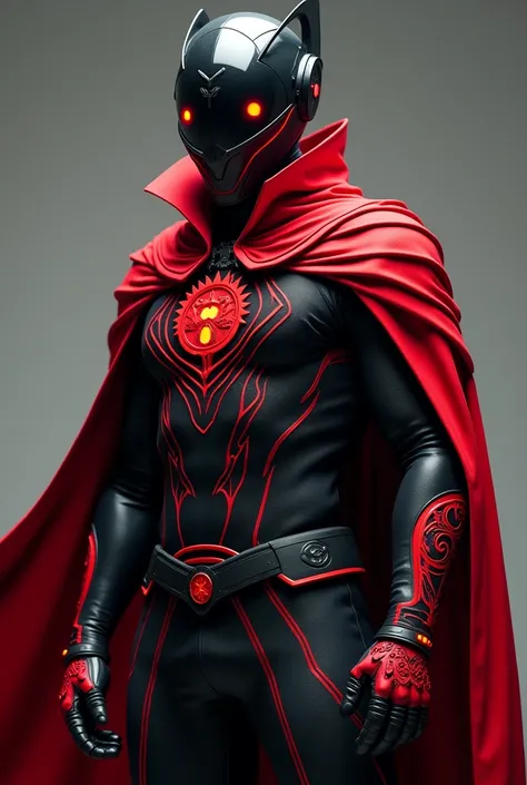 Hero in black outfit with bright red lines, dragon symbol on chest, red cape with high collar, helmet with black visor with led eyes and red cyber gloves.