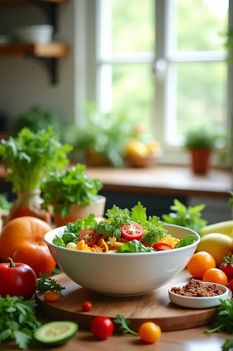 A vibrant, clean kitchen counter with a colorful assortment of fresh fruits, vegetables, and whole foods laid out. The scene feels bright and healthy, with a focus on freshness and vitality. A bowl of salad sits center stage.